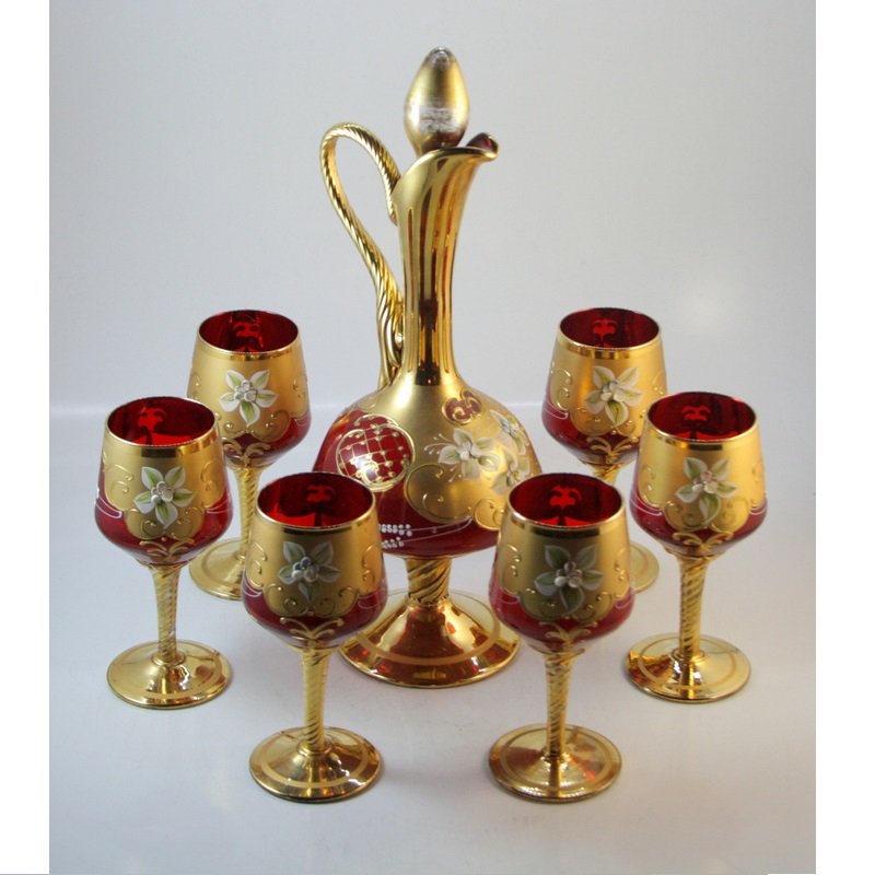 Venetian Glass Liqueur Set of Bottle with Stopper and Six Goblets