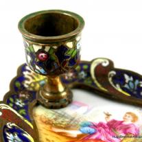 French Champleve Enamel Porcelain and Bronze Candlestick